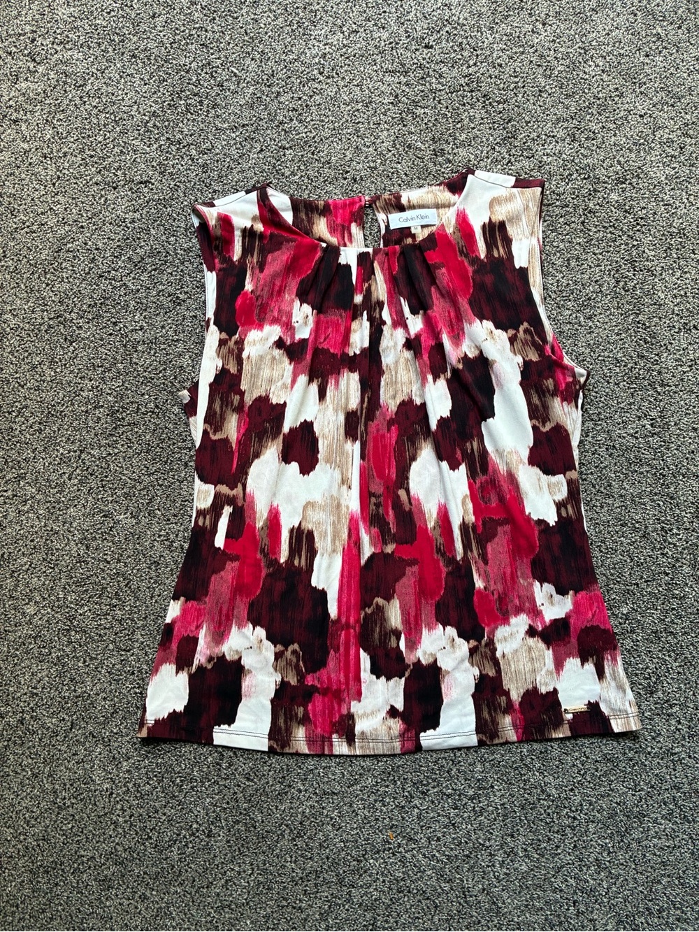 Calvin Klein Women’s Red, Brown and Cream Printed Dress Blouse, Size Medium